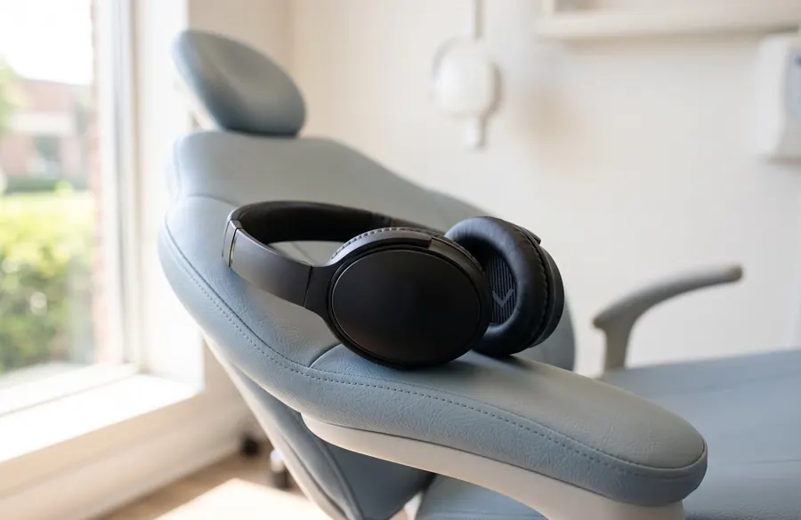 Over-ear headphones resting on the armrest of a dental chair.