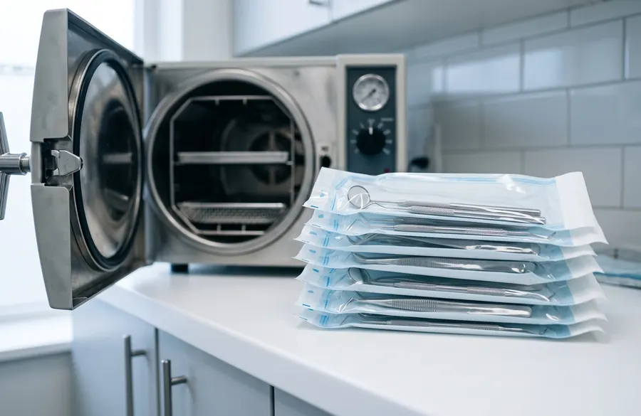 Sealed sterilization pouches of dental instruments beside a steam autoclave.