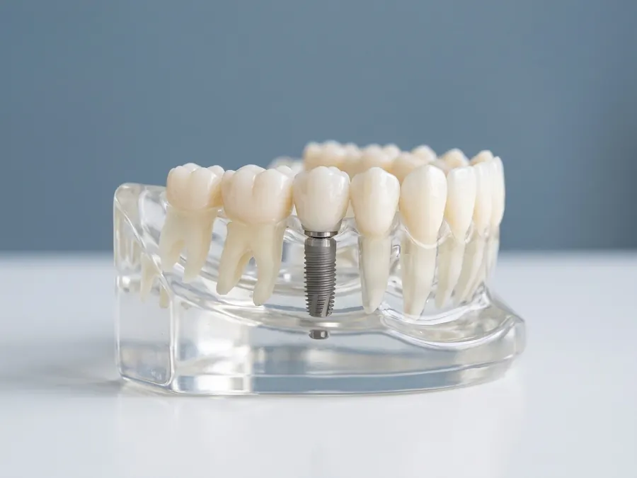 A dental implant post and crown on a demonstration model.