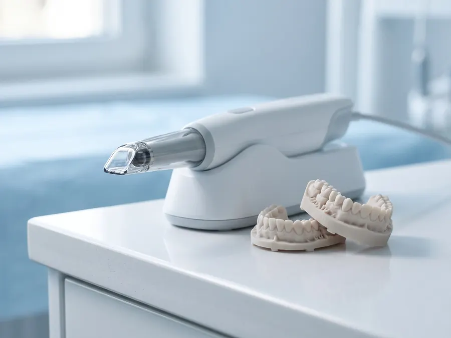 An intraoral digital scanner in its cradle beside 3D-printed dental models.