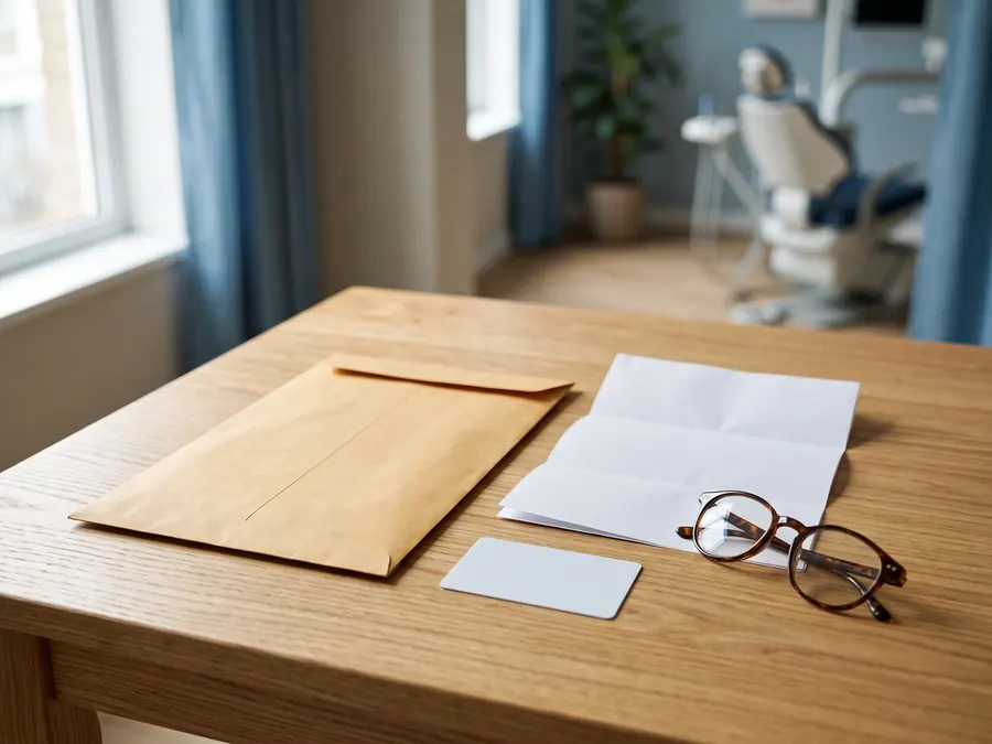 A brown envelope, a folded list, a plain card and reading glasses on a wooden table.